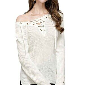 Calvin Klein Lace Up Front Neckline Knit Sweater Top cream Ivory M